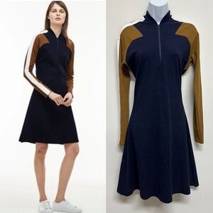Lacoste Womens Navy Blue Zip Neck Colorblock Milano Wool Polo Dress Sz 34